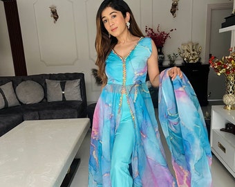 Beautiful Blue Partywear floral Printed Organza Anarkali Gown with Dupatta Set, Heavy Designer Anarkali 3 Pcs Suit, Wedding Dress
