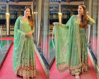 Green Georgette Anarkali Dress with Sequence Embroidery for Women, Georgette Anarkali Gown Kurti, Indian Ethnic Gown, Wedding Dress Kurti