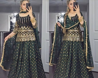 Designer Green Pakistani Kurta Lehenga Set, Indian Dress Sparkling Sequin Work Georgette Fabric, Ethnic Wear 3 Pcs Set USA Women
