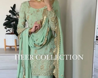 Green Faux Georgette Embroidery with Sequence Pakistani Salwar Kameez, Wedding Outfit For Women, Festive Wear, Casual Wear