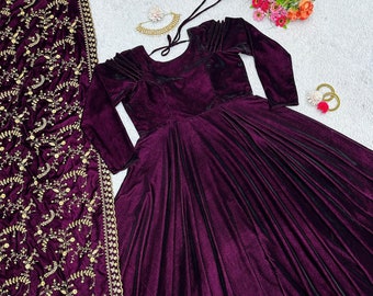 Dark Purple Designer Velvet Anarkali Gown Suit With Duppatta, Pakistani Wedding Gown, Readymade Party Wear Anarkali Suit
