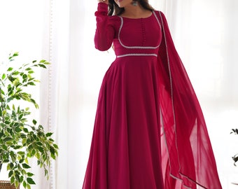 Red Anarkali Gown Dress for Women, Full Flared Anarkali with Pant Dupatta Set, Full Stitched Ready made Suit, Indian Wedding Gown