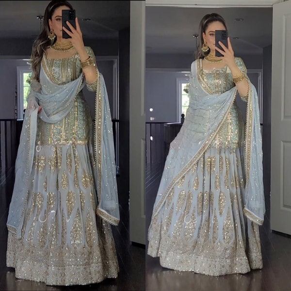 Designer Grey Lehenga Choli, Indian Lehenga Outfits, Punjabi Suit, EID Special Festival Clothing Salwar Kameez, Georgette Top Lehenga Suit