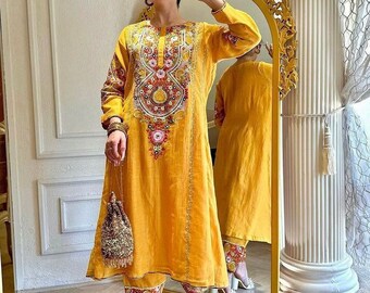 Beautiful Yellow Indian Designer Embroidered with Real Mirror Work, Straight Kurta Pant set & Dupatta, 3 Pcs Stitched Salwar Kameez