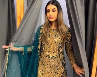 Pakistani Kurta Set, Beautiful Ready made Indian Dress Sparkling Sequin Work Georgette Fabric, Ethnic Wear 3 Pics Set Women USA