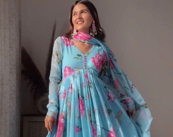 Designer Floral Print Full Flared Anarkali, Long Flared Blue Kurtis, Pakistani 3 Piece Festive Georgette Kurta Pant with Dupatta Set