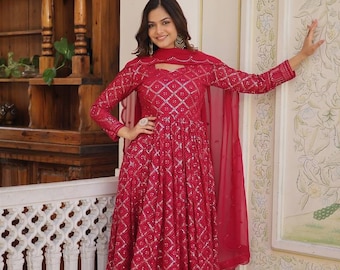 Designer Red Party Wear Look Gown, Dupatta For Women, Embroidery Sequence Work Gown, Wedding Gown Dress, Ready To Wear Kurta Set