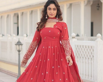 Party Wear Red Anarkali Long Straight Gown With Dupatta, Full Stitched With Sequence Embroidery Work, Wedding Ethnic Wear Outfit for Women