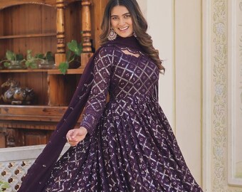 Designer Purple Party Wear Look Gown, Dupatta For Women, Embroidery Sequence Work Gown, Wedding Gown Dress, Ready To Wear Kurta Set