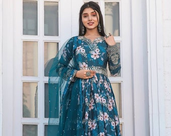 Blue Designer Anarkali Suit For Women, Full Flared Gown with Dupatta, Beautiful Dress For USA Women, Festive Wear