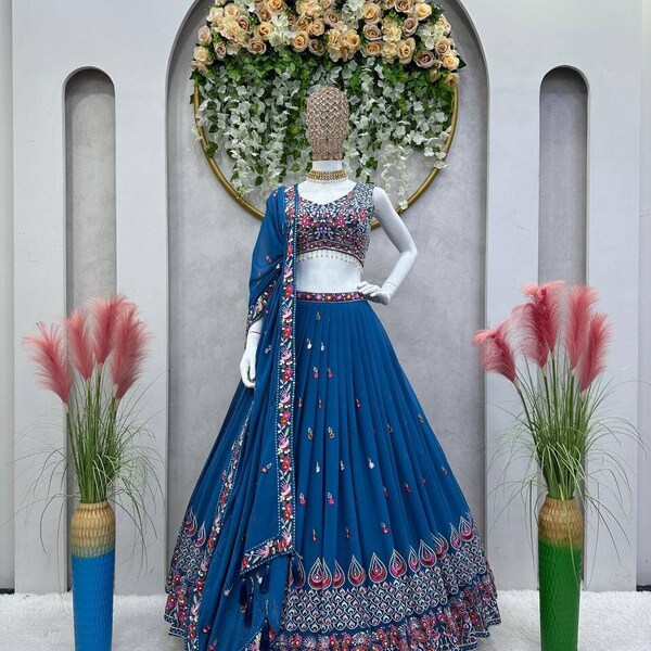 Designer Blue Faux Georgette Lehenga Choli with Thread Sequence Work with Dupatta Set, Ethnic Bridal Wear Lehenga Dress for Women