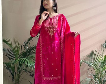 Designer Pink Pakistani Velvet Suit Zari Embroidery Work Suit, Casual wear 3 Pc Winter Wear Velvet Kurta Set, Readymade Velvet Salwar Kameez