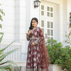 Beautiful Brown Full Flared Gown with Dupatta, Embroidery with Sequence Work, Wedding Suits, Indian Readymade Gown For USA Women image 8