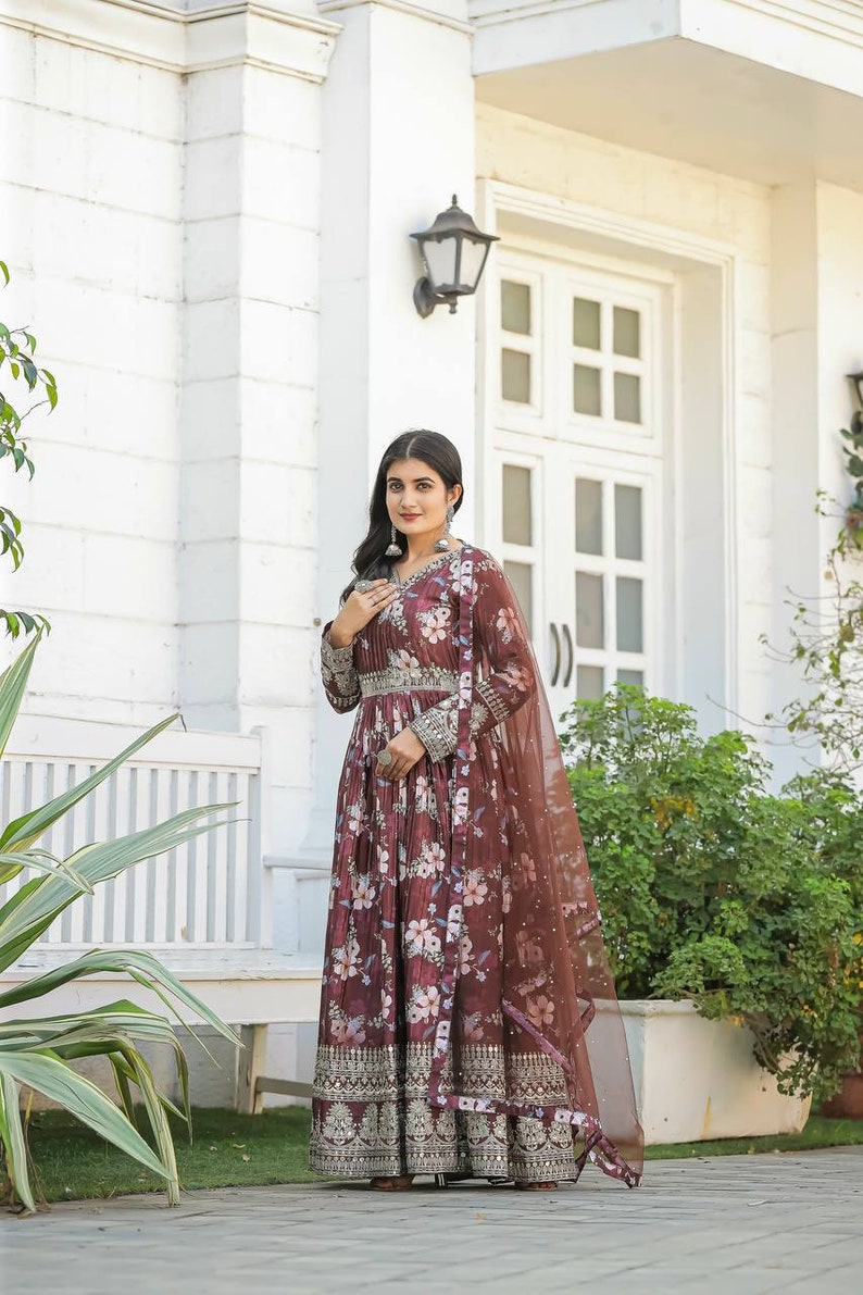 Beautiful Brown Full Flared Gown with Dupatta, Embroidery with Sequence Work, Wedding Suits, Indian Readymade Gown For USA Women image 8