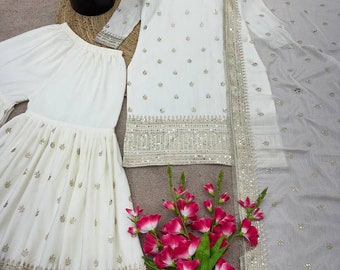Wunderschöner, vollständig bestickter Sharara-Anzug aus Chinon-Seide, Partykleidung, ethnische Kleidung, Salwar Kameez für die Hochzeit, fertiger Sharara-Anzug mit Dupatta