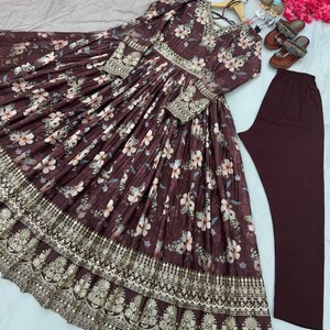 Beautiful Brown Full Flared Gown with Dupatta, Embroidery with Sequence Work, Wedding Suits, Indian Readymade Gown For USA Women image 7