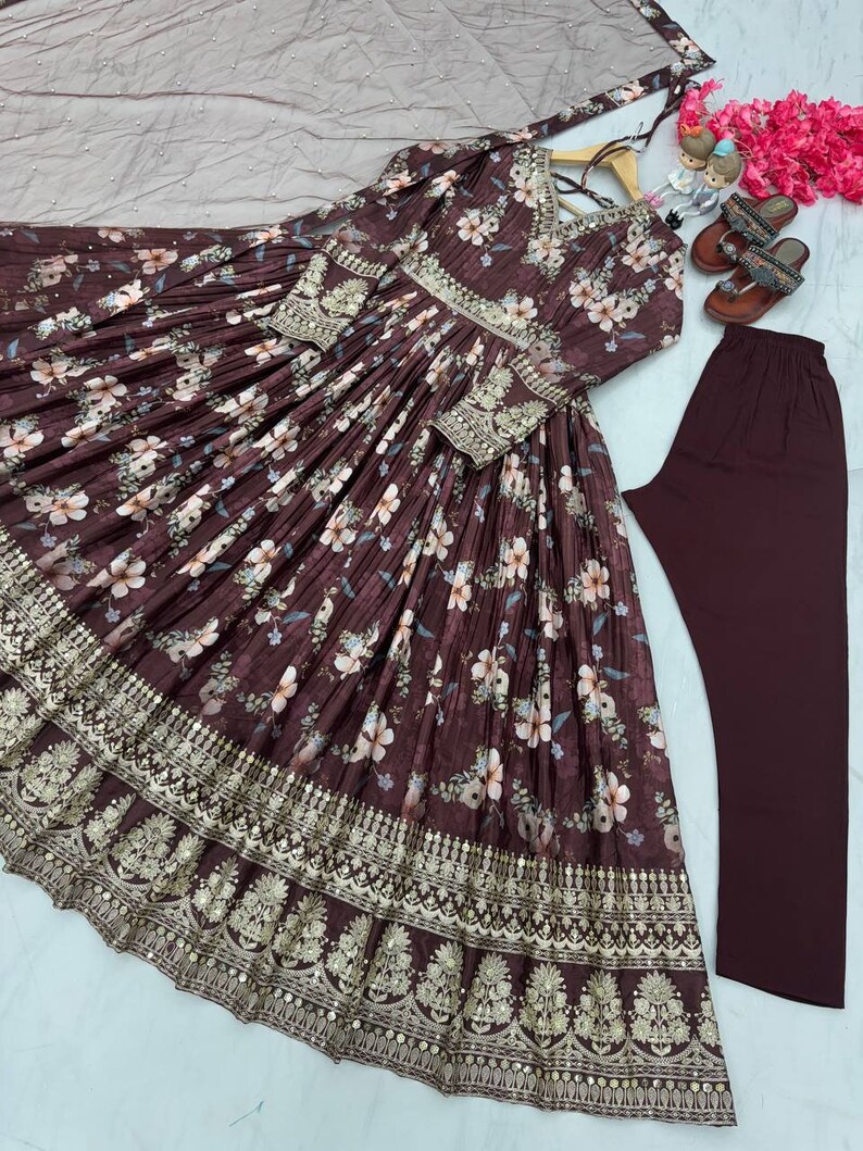 Beautiful Brown Full Flared Gown with Dupatta, Embroidery with Sequence Work, Wedding Suits, Indian Readymade Gown For USA Women image 7