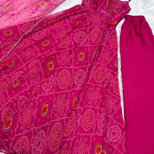 Pink Floral Printed Georgette Gown Set With Churidar Pant & Dupatta With Heavy Work Belt Summer Wear Dress For Eid Festive image 8