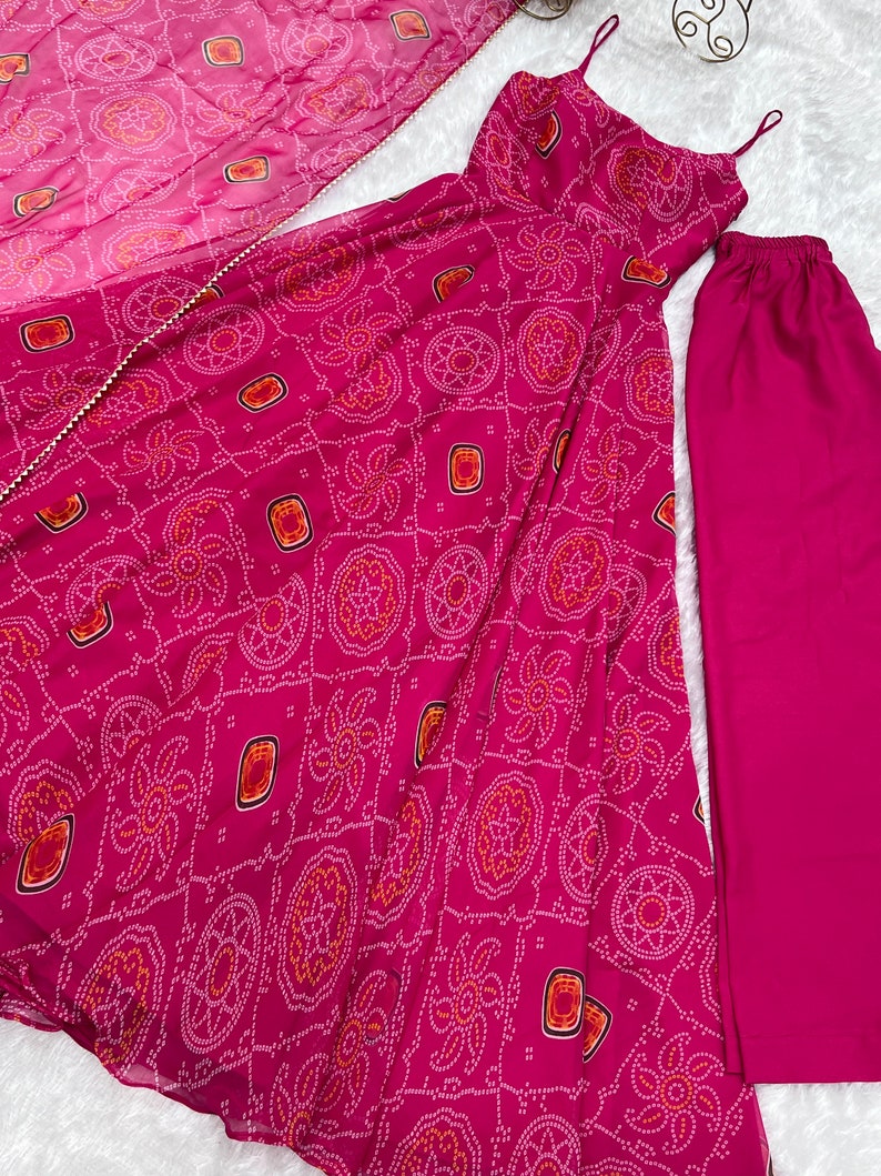 Pink Floral Printed Georgette Gown Set With Churidar Pant & Dupatta With Heavy Work Belt Summer Wear Dress For Eid Festive image 8