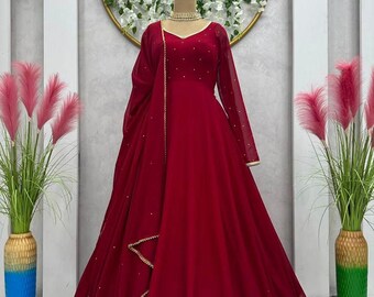 Designer long Anarkali Glamorous Grace Embroidered Faux Georgette Gown, Bottom & Dupatta Sangeet and Mehendi wedding party to wear