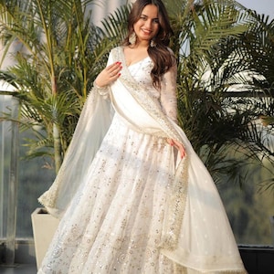 Designer White Anarkali Gown, Indian Full Flared Long Gown with Dupatta & Churidar, Embroidery work, Party Wear Outfit for USA Women image 3