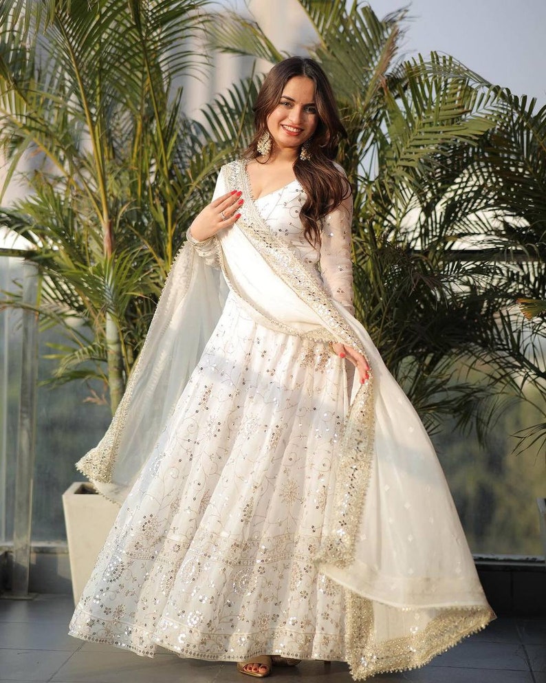 Designer White Anarkali Gown, Indian Full Flared Long Gown with Dupatta & Churidar, Embroidery work, Party Wear Outfit for USA Women image 3
