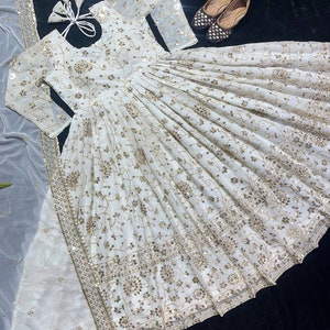 Designer White Anarkali Gown, Indian Full Flared Long Gown with Dupatta & Churidar, Embroidery work, Party Wear Outfit for USA Women image 7