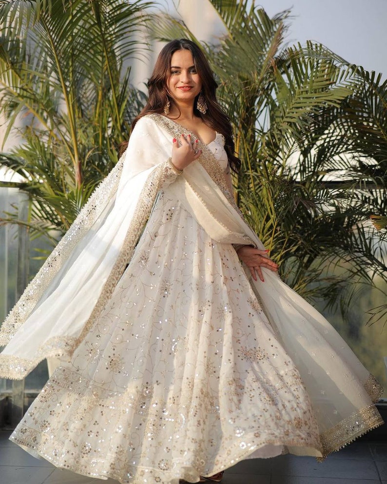 Designer White Anarkali Gown, Indian Full Flared Long Gown with Dupatta & Churidar, Embroidery work, Party Wear Outfit for USA Women image 2