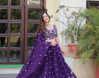 Purple Designer Faux Blooming Georgette Lehenga Choli with Dupatta Set with Heavy Sequins Embroidered work, Summer Outfit Lehengas