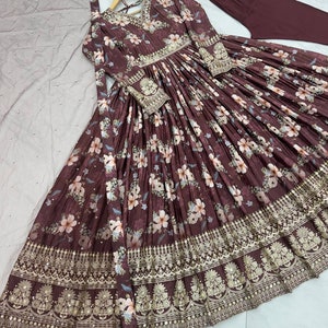 Beautiful Brown Full Flared Gown with Dupatta, Embroidery with Sequence Work, Wedding Suits, Indian Readymade Gown For USA Women image 5