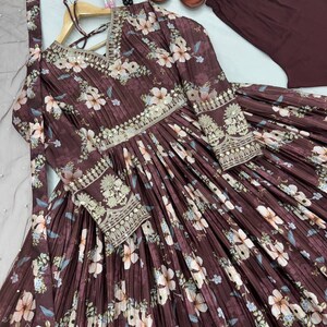 Beautiful Brown Full Flared Gown with Dupatta, Embroidery with Sequence Work, Wedding Suits, Indian Readymade Gown For USA Women image 6