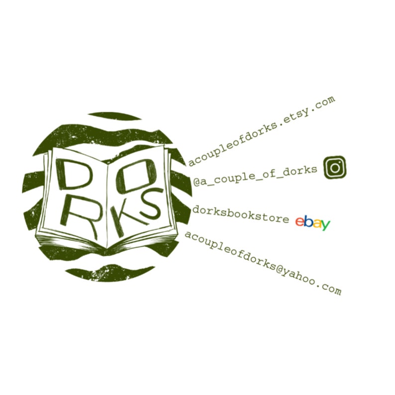 May include: Green and white logo for a bookstore called "Dorks" with the text "Dorksbookstore" and the website address "acoupleofdorks.etsy.com".