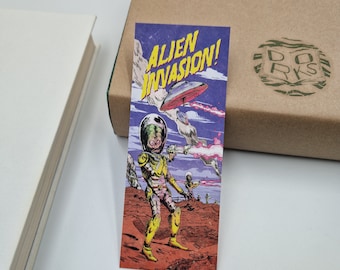Sci-Fi Bookmark, Raypunk Bookmarks, "Alien Invasion!" Classic Ray Punk Science Fiction 2-sided Illustrated Bookmark, Premium Bookish Gift