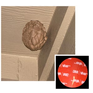 Peut inclure: Un objet d&eacute;coratif textur&eacute; brun clair, peut-&ecirc;tre une d&eacute;coration murale, est mont&eacute; sur une surface en bois brun clair. L'objet a un design organique complexe. Un gros plan d'un autocollant rouge avec du texte blanc est dans le coin.