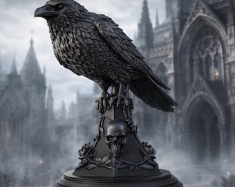 May include: A black raven figurine perched atop a pedestal. The base features a sculpted human skull at the center, flanked by floral details. The raven has detailed feather textures and is positioned in profile, facing left, with a sharp beak.