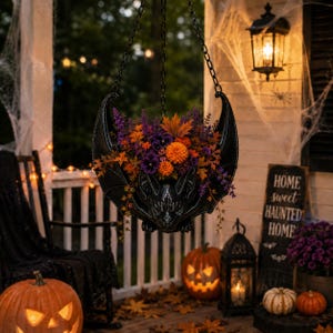 May include: A black bat-shaped hanging planter suspended by chains, filled with a vibrant arrangement of orange marigolds, purple flowers, and autumn-colored maple leaves, creating a seasonal display for indoor or outdoor spaces.