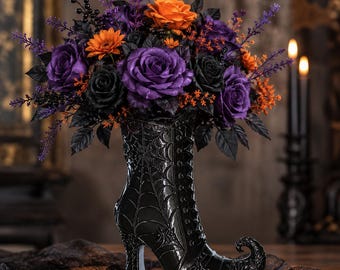 Vase botte de sorcière à bout recourbé, toile d'araignée gothique, décoration d'Halloween noire, motif floral botte recourbée, accessoire sombre pour la maison