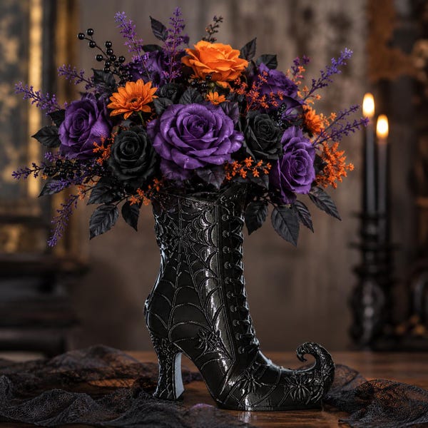 Detailed Curly Toe Witch Boot Vase, Gothic Spiderweb, Black Halloween Decor, Witchy Curled Boot Floral, Dark Home Accent, FREE SHIPPING