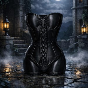 May include: A black corset featuring a structured bodice with a front lace-up closure, vertical paneling, and a sweetheart neckline. The garment is constructed from a smooth, matte material with reinforced stitching along the seams and edges.