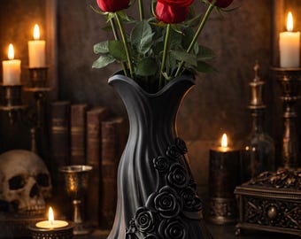 Vase fin à motif floral noir, élégant, imprimé en 3D, décoration gothique, cache-pot victorien, étagère style Dark Academia, esthétique sombre et inquiétante pour Halloween