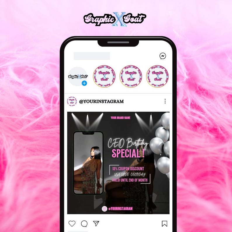 May include: A black and white Instagram post with a graphic of a woman in a sparkly dress. The text reads "CEO Birthday Special! 15% coupon discount use code CEOBDAY valid until end of month".