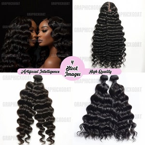 May include: Four bundles of black wavy human hair extensions. The hair is arranged in two bundles on a white background and two bundles on a black background. The hair is long and wavy, with a natural texture.