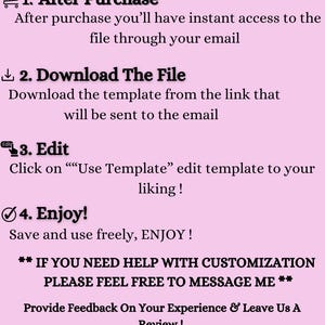 May include: Pink background with a blue and white graphic design that says "How It Works".  The text describes the steps to purchase and download a digital file.  The text includes the following: "After Purchase", "Download The File", "Edit", "Enjoy!" and "Graphic Goat".  Five black stars are below the text.