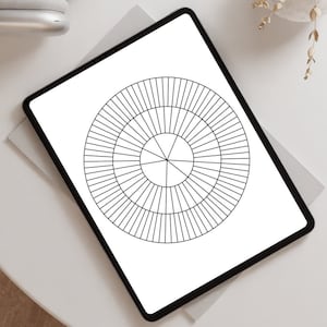 Op de afbeelding: Een blanco, printbaar cirkeldiagram dat is verdeeld in 6 secties met 48 kleinere secties rond de rand. Het diagram wordt weergegeven op een witte tablet.