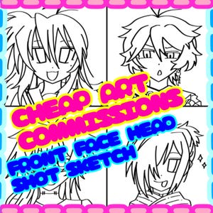 Può includere: Quattro disegni in bianco e nero di volti in stile anime. I disegni sono in formato griglia. Il testo "CHEAP ART COMMISSIONS FRONT FACE HEAD SHOT SKETCH" è in un carattere colorato e in grassetto sopra i disegni.