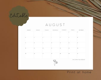 2024 Editable Printable Flower Calendar, minimal monthly calendar 2024, simple calendar, digital download, birth flower, monthly planner.