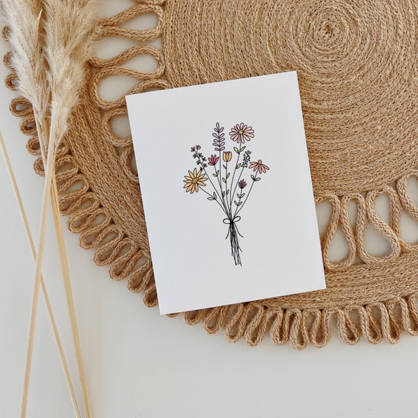 Printable botanical greeting card, instant digital download, floral bohemian card, print at home, minimal card, bouquet card, sympathy.