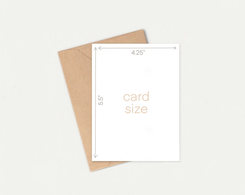 May include: A white card with the text "card size" and measurements of 4.25 inches by 5.5 inches.