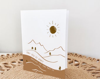 Printable greeting card, cute boho card, pnw card, mountains card, instant download, minimalist card, happy card, card for new year.