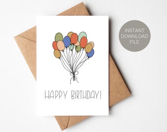 Printable birthday card, instant digital download pdf, fun birthday card, cute birthday, balloon card, digital birthday card, blank card